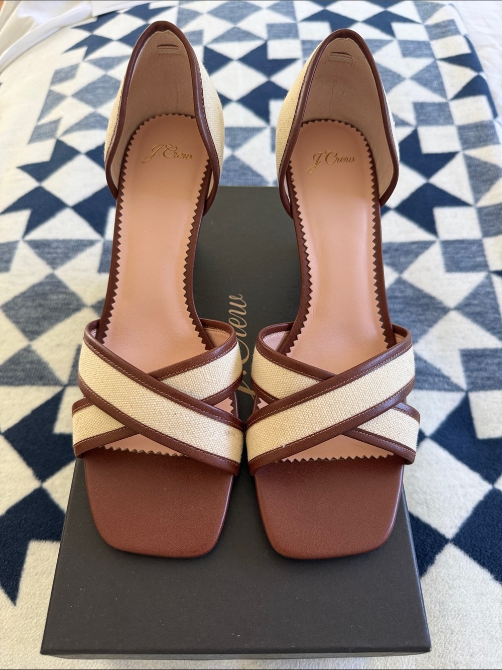 J. Crew Brown leather and Cream canvas Crossband Square-Toe Heels